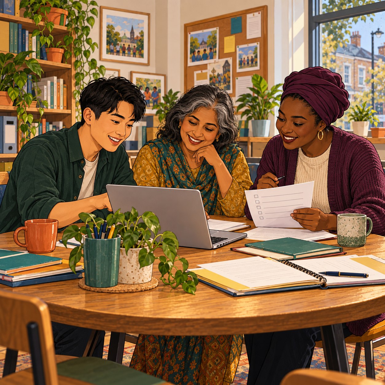 Illustration of colleagues reviewing shared knowledge and current work