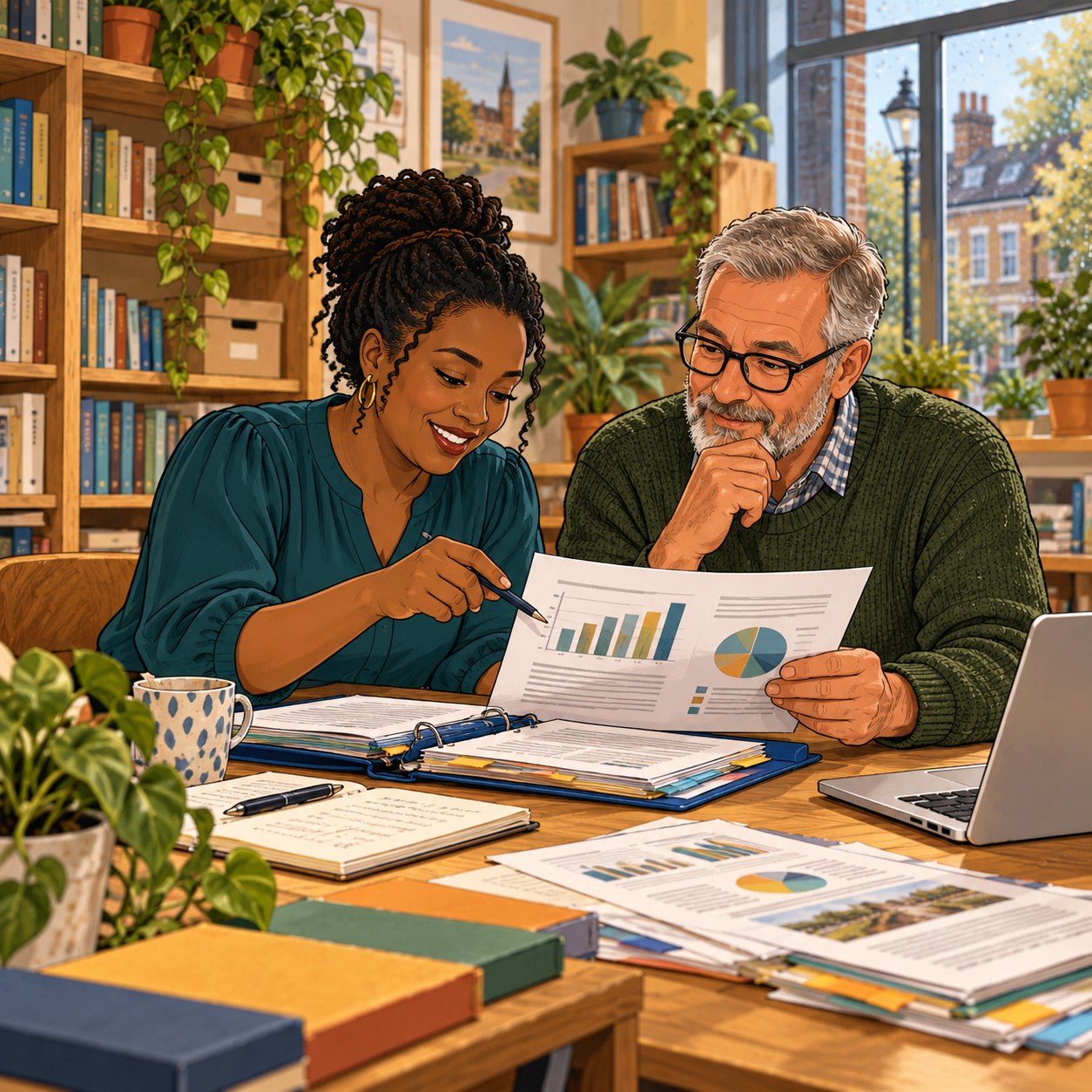 Illustration of colleagues checking evidence before drafting