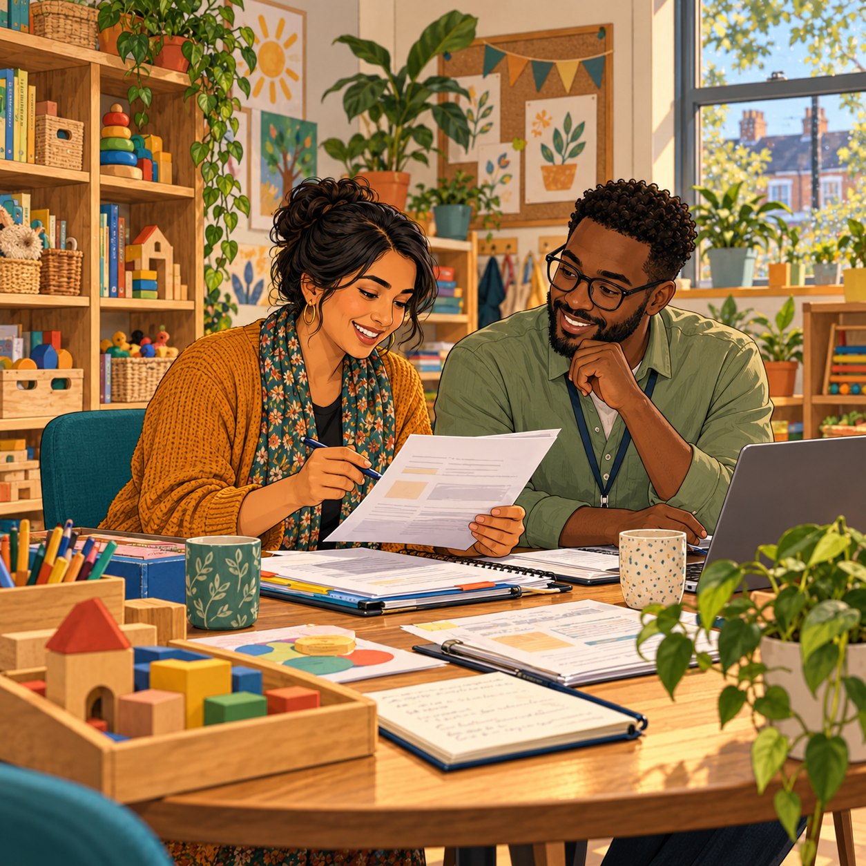 Illustration of a fictional early years community team reviewing programme notes; not EYC participants