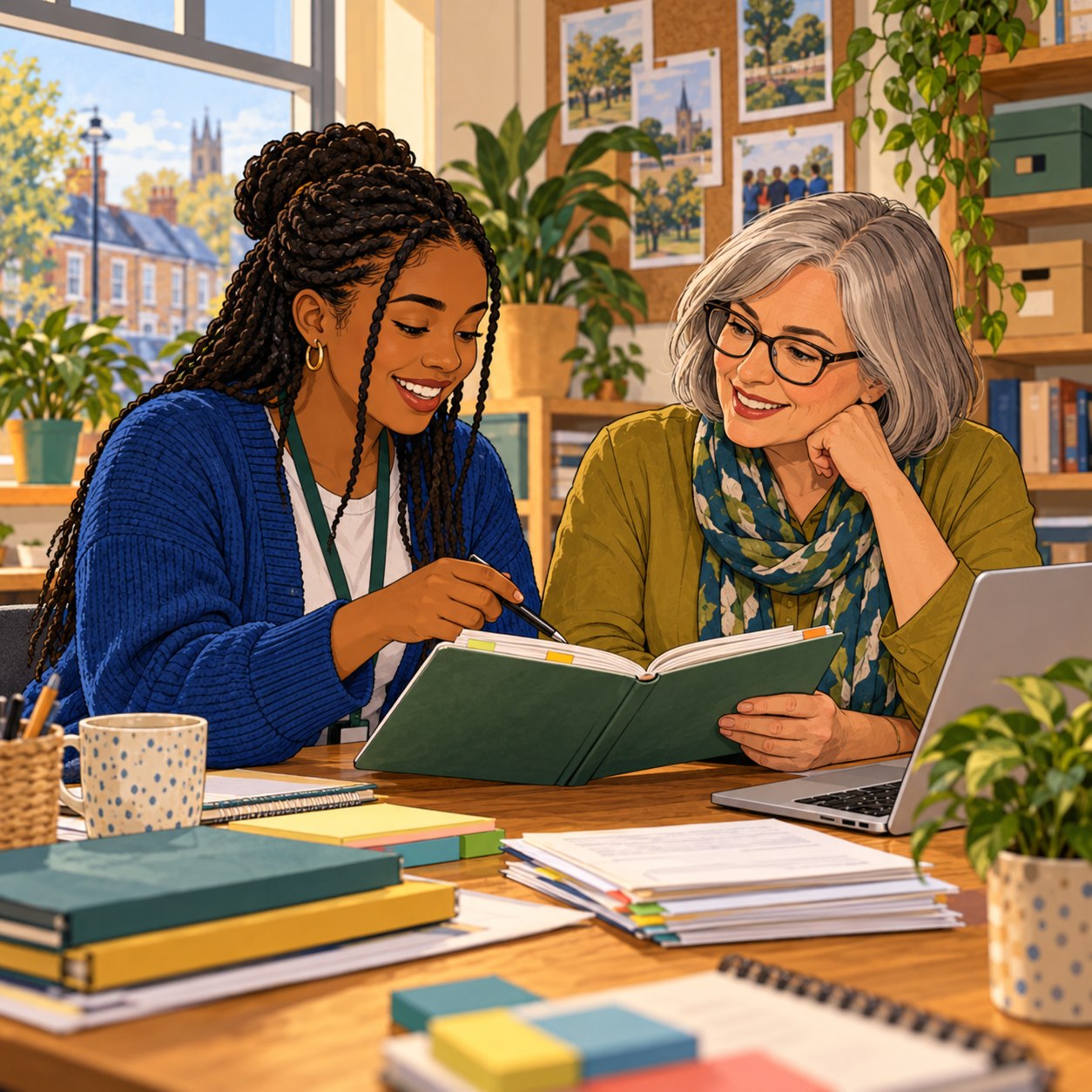 Illustration of colleagues sharing a handover note and organisational context