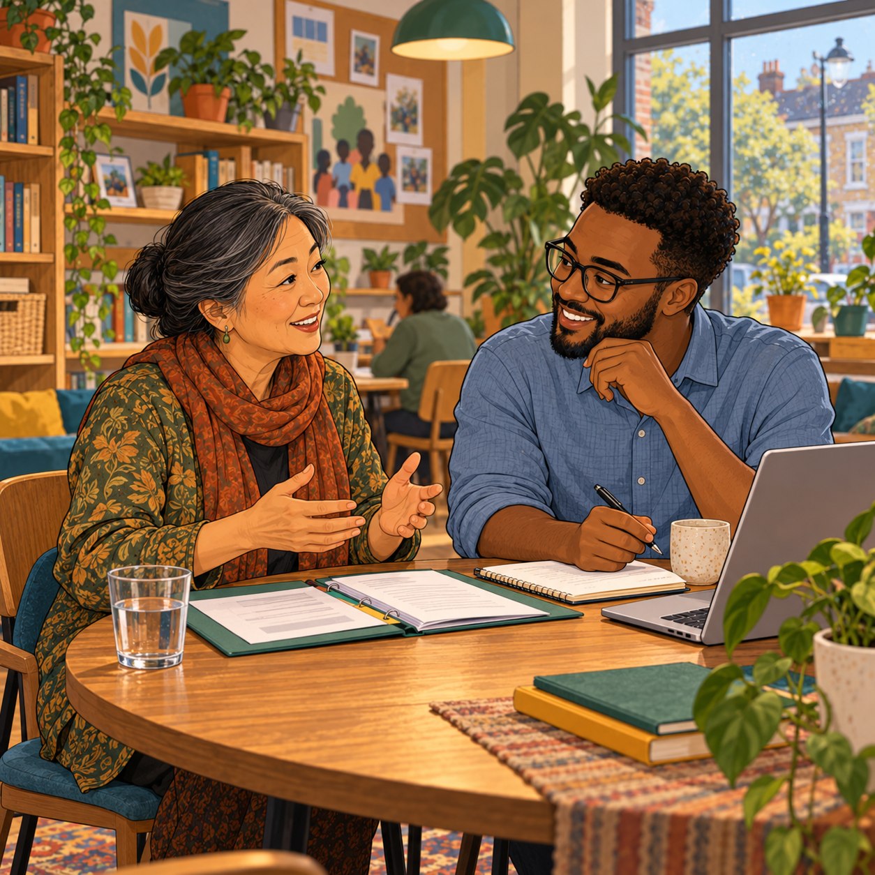 Illustration of a community organisation discussing evidence and support with an adviser