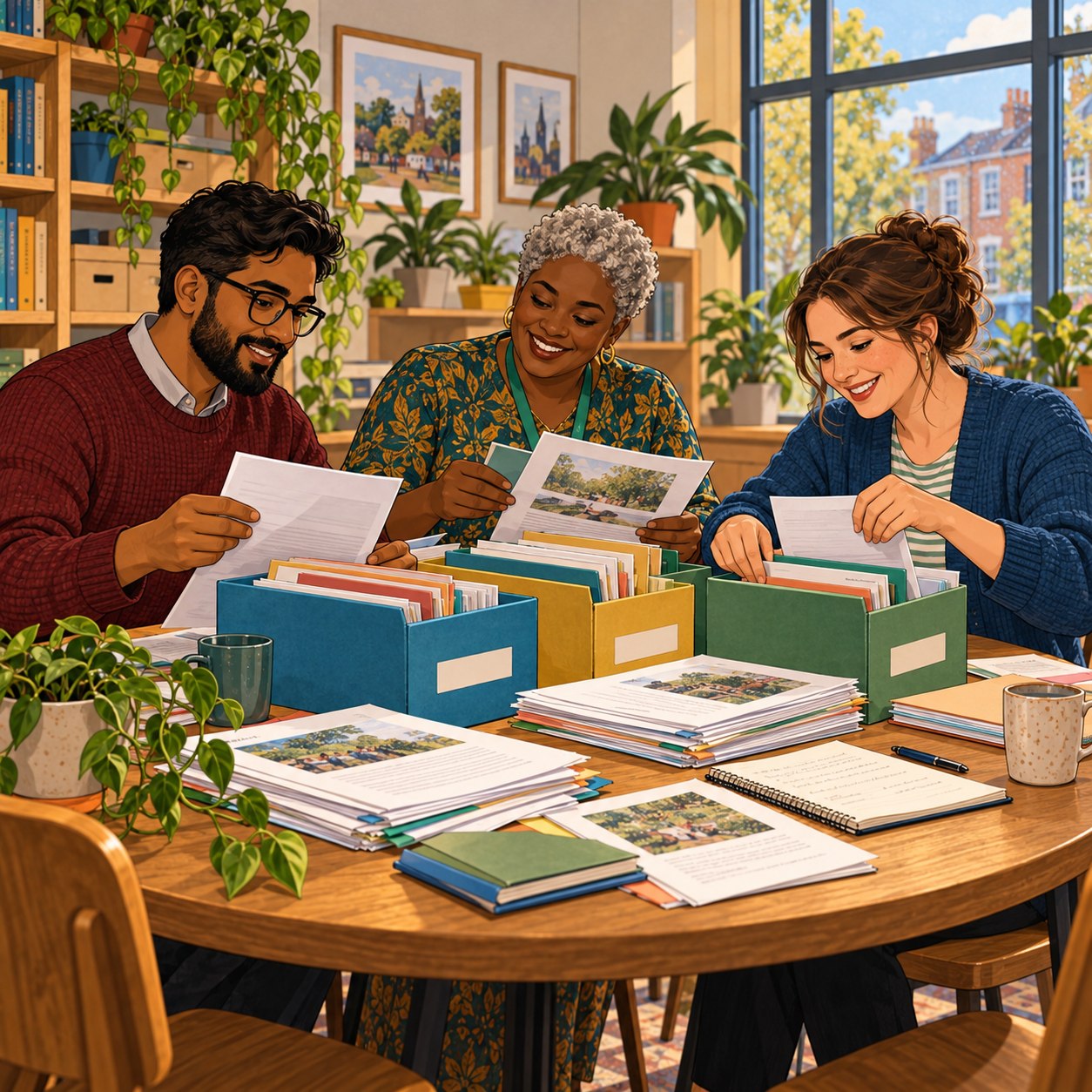 Illustration of three colleagues sorting programme evidence together
