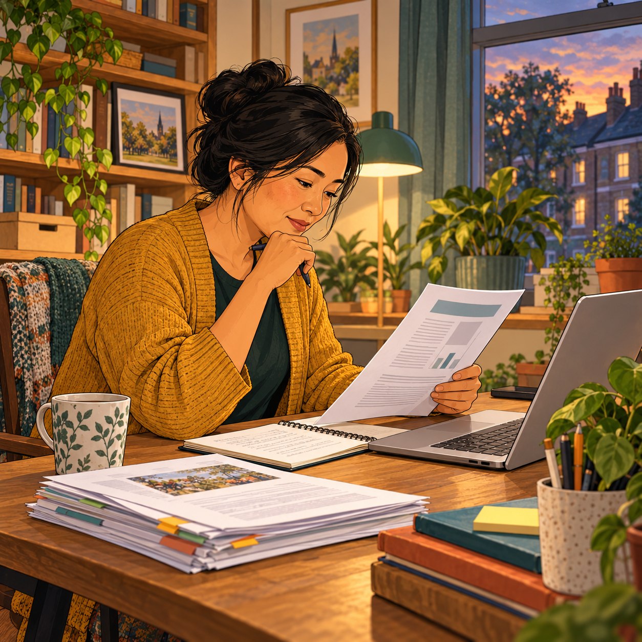 Illustration of a fundraiser checking a report beside her laptop