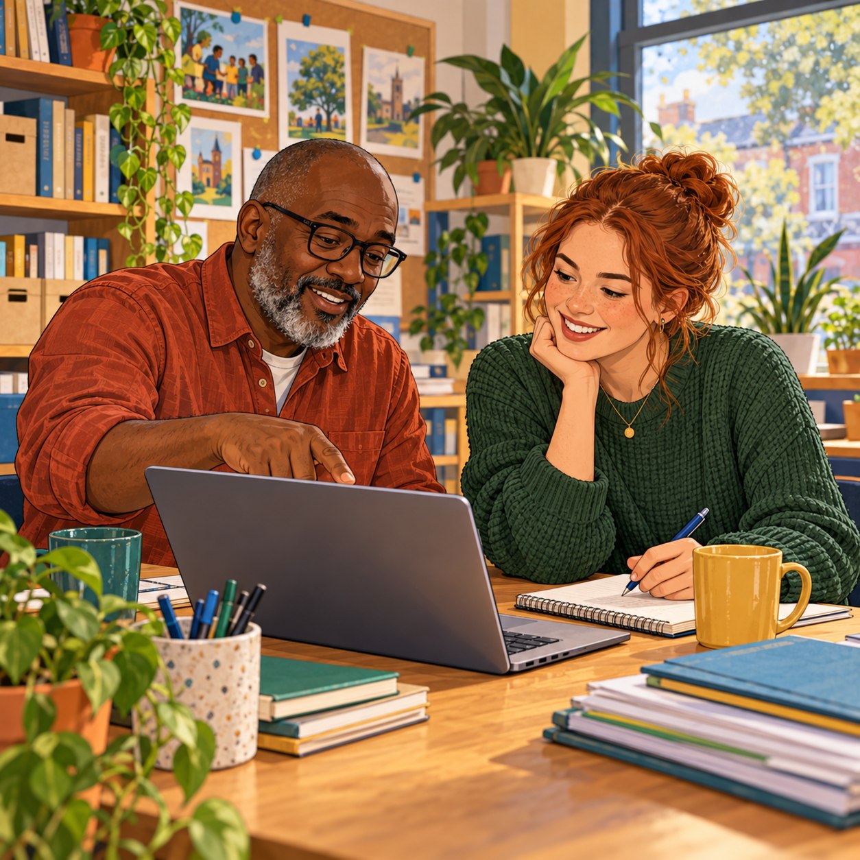 Illustration of two colleagues practising a workflow during handover