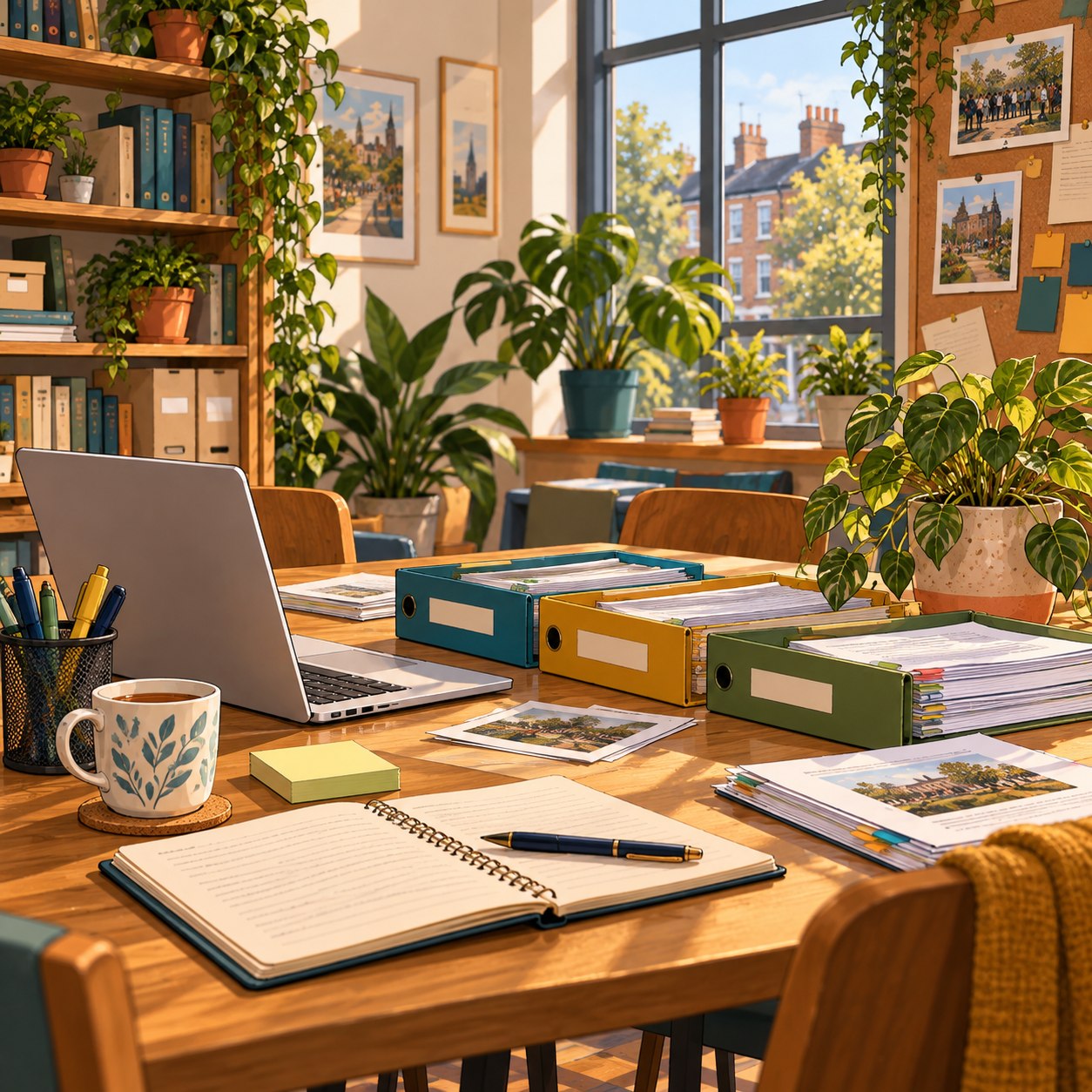 Illustration of a workspace prepared for reviewing source material