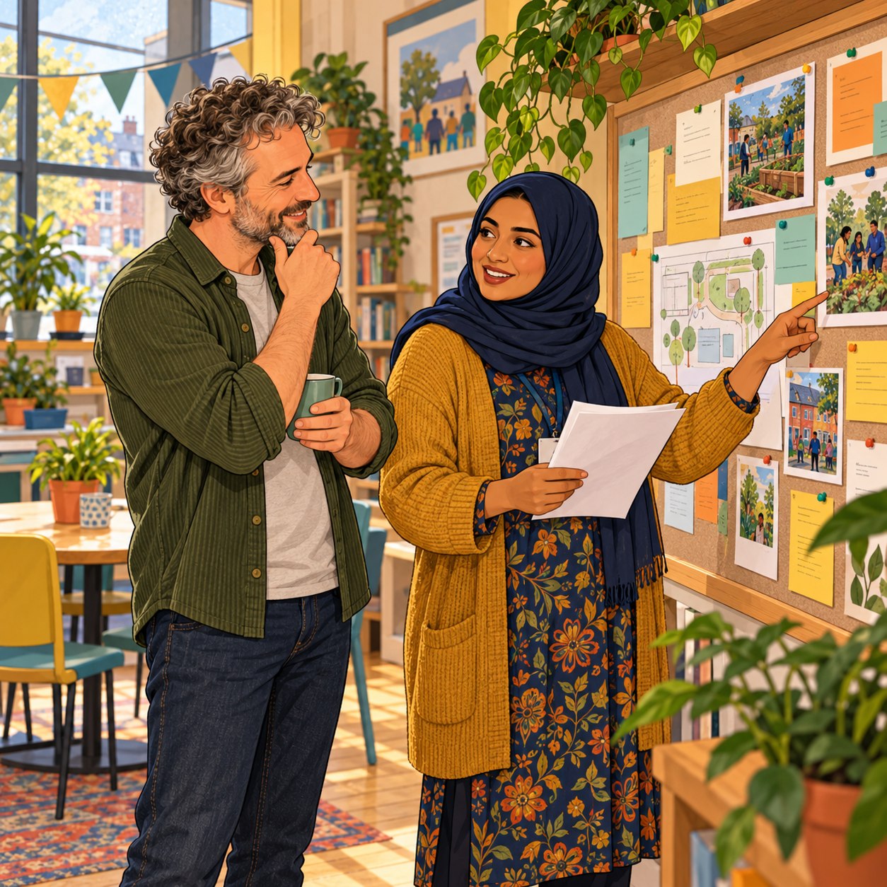 Illustration of community organisers discussing a project plan